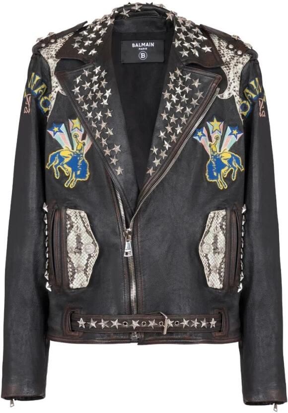 Balmain Zwarte Geitenleren Buitenkleding met Geborduurd Logo Black Heren