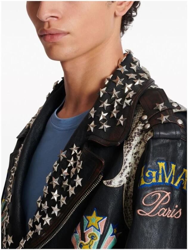 Balmain Zwarte Geitenleren Buitenkleding met Geborduurd Logo Black Heren - Foto 2