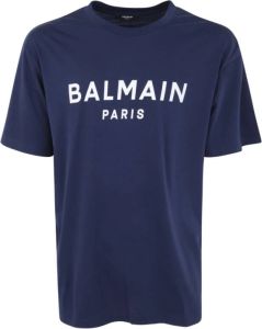 Balmain Bedrukt T-shirt Rechte pasvorm SJW Marine Blanc Blauw Heren