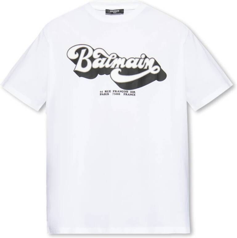 Balmain Witte Ribgebreide Crewneck T-shirts en Polos met Retro 70s Print Wit Heren