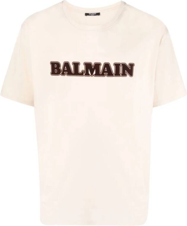 Balmain Beige Flocked Logo Katoenen T-shirt Beige Heren