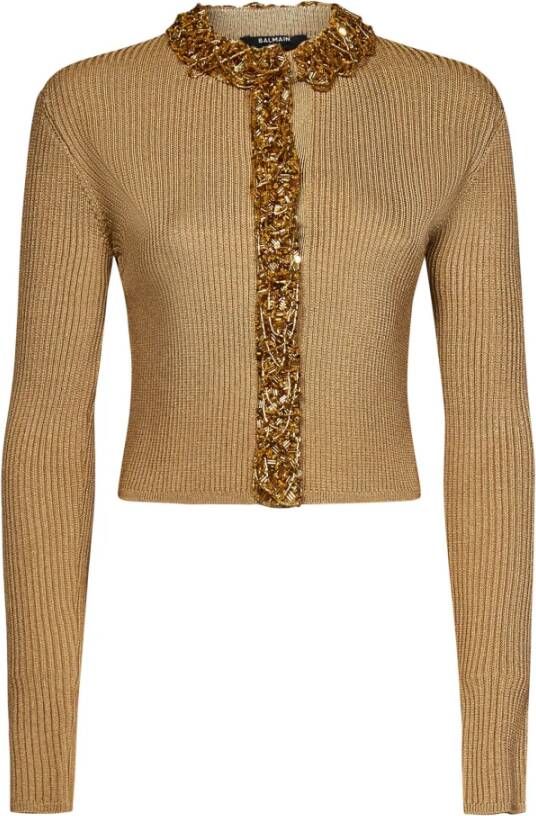 Balmain Beige Ss23 Rits Sweatshirt Embroidered knit cardigan Beige Brown Dames