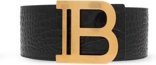 Balmain Zwarte Krokodil-Effect Riem met Gouden Logo-Plaque Zwart Dames