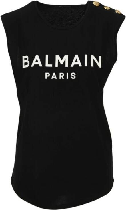 Balmain Black Cotton Sleeveless T-shirt With White Logo Print Zwart Dames