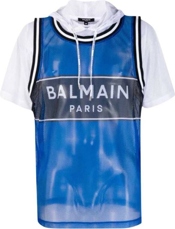 Balmain Blauw Hoodie T-shirt met Logo L Blauw Heren