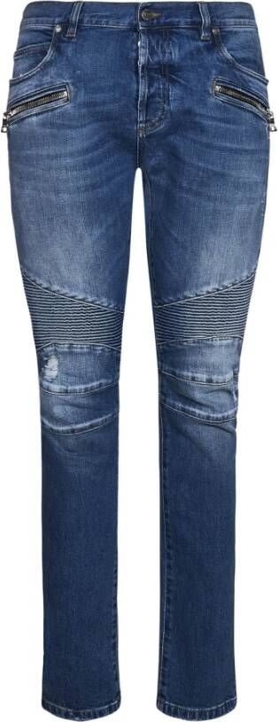 Balmain Blauwe Ss23 Slim Fit Jeans Blauwe Slim-Fit Jeans met Scheuren en Geribbelde Knieën Blue Heren