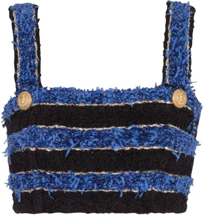 Balmain Blauwe Tweed Crop Top met Knoopdetail Blauw Dames