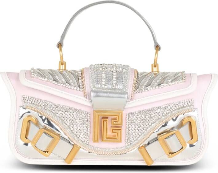 Balmain Blaze clutch bag in leather and embroidered satin Grijs Dames