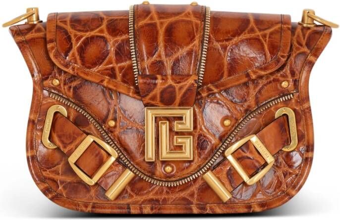 Balmain Blaze bag in crocodile-print leather Brown Dames