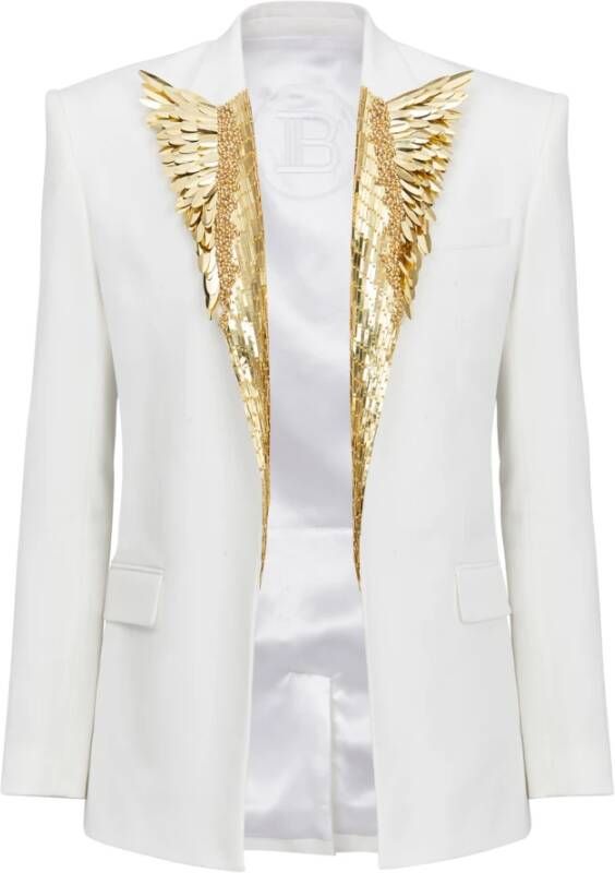 Balmain Blazer embroidered with gold feathers White Heren