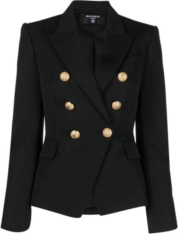 Balmain Navy Dubbel-Breasted Wol Blazer Black Dames