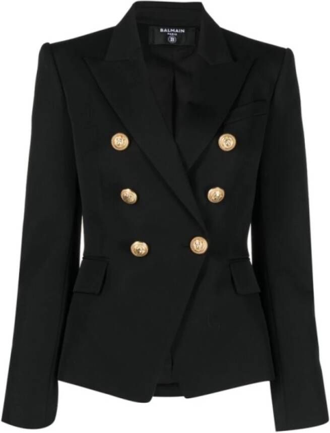 Balmain Navy Dubbel-Breasted Wol Blazer Black Dames