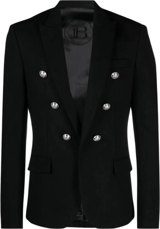 Balmain Zwarte Flanellen Jas met Ingedrukte Logoknopen Black Heren