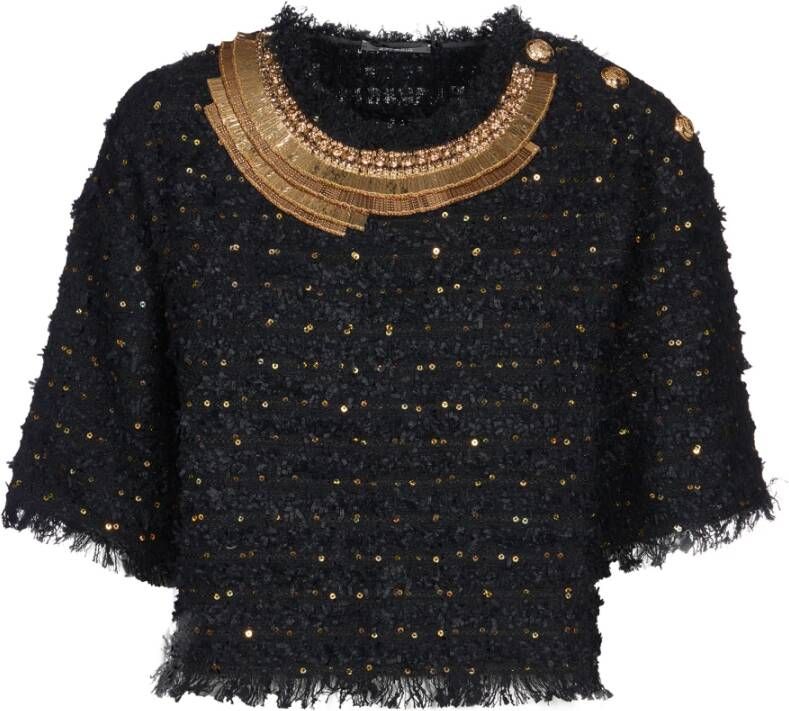 Balmain Zwart Tweed Crop Top met Gouden Pailletten en Borduursel Zwart Dames