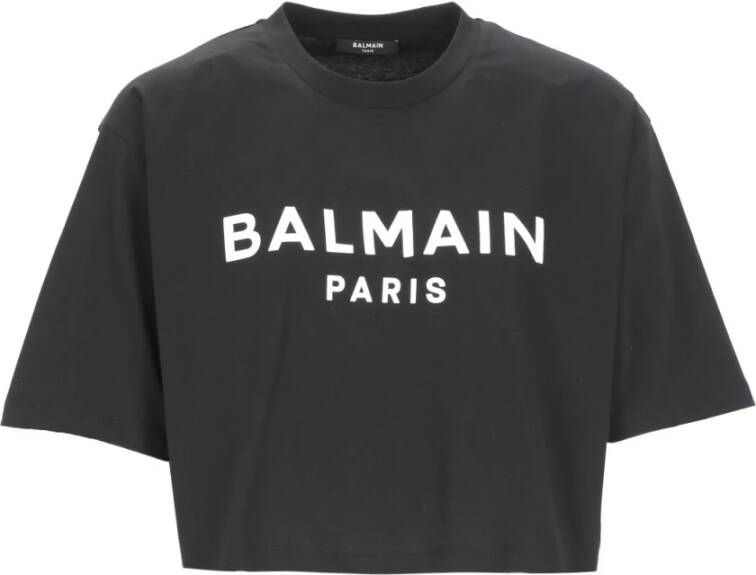 Balmain Eco-verantwoord cropped katoenen T-shirt met logo print Zwart Dames