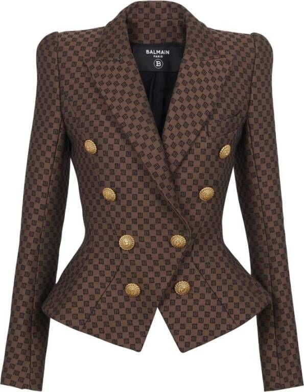 Balmain Bruine Monogram Jacquard Dubbelrij Blazer Bruin Dames