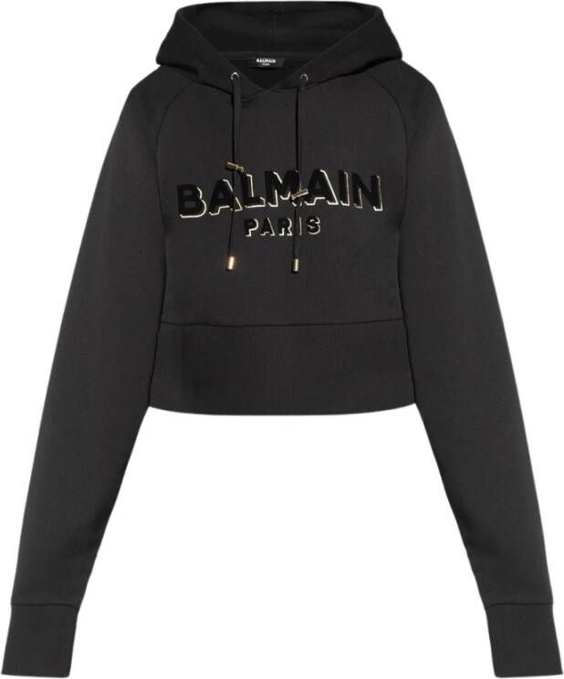 Balmain Geknipte katoenen sweatshirt met geflockt metallic logo Zwart Dames