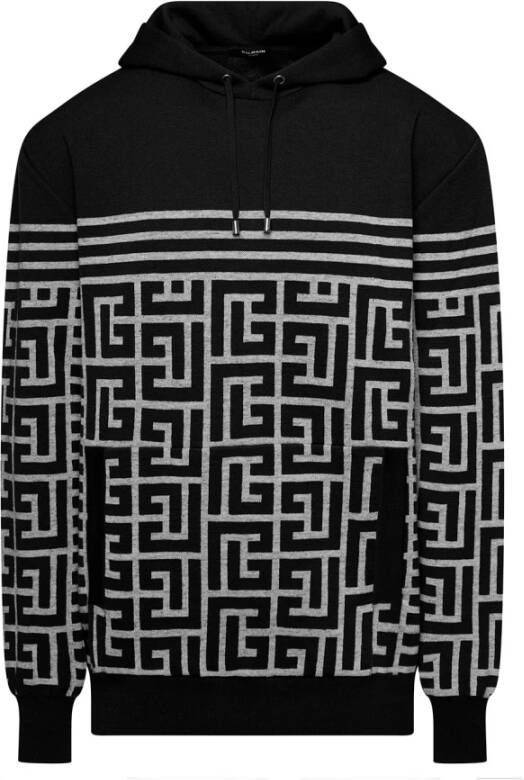 Balmain Zwart Monogram Sweatshirt met Capuchon Black Heren