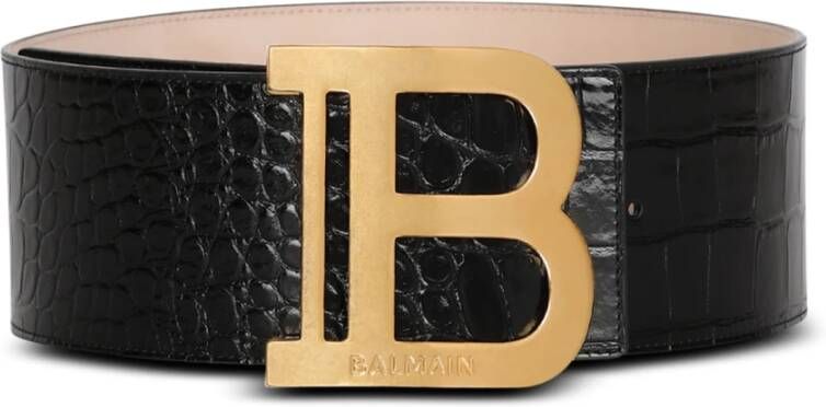 Balmain Zwarte Krokodil-Effect Riem met Gouden Logo-Plaque Zwart Dames