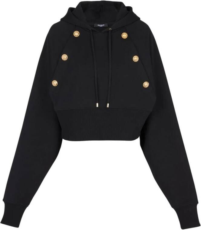 Balmain Eco-verantwoorde cropped katoenen sweatshirt met gouden knopen Black Dames