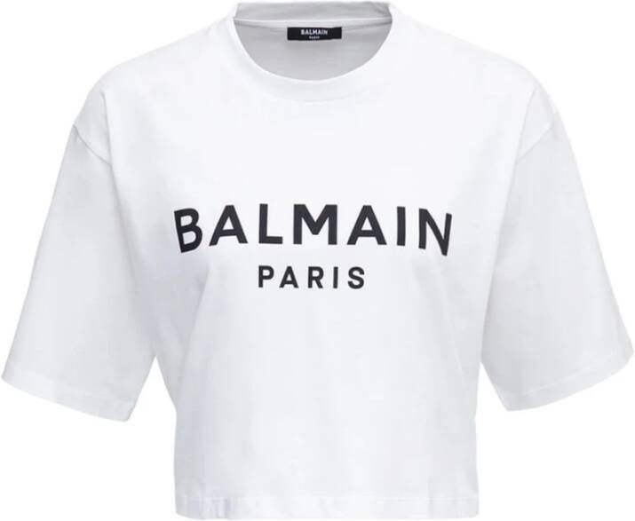 Balmain Contrasterend Bedrukt Crop T-shirt Wit Dames