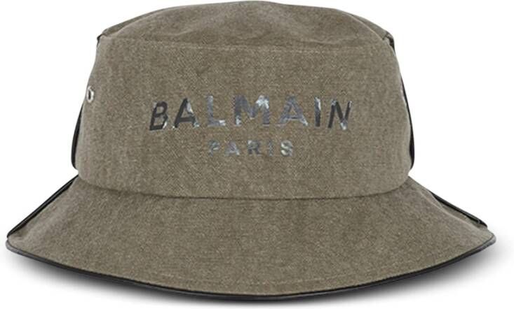 Balmain Cotton canvas bucket hat with Paris logo Beige Heren