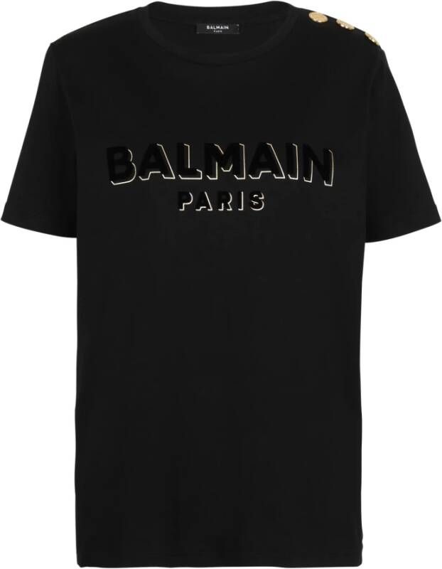 Balmain Cotton T-shirt with flocked metallic logo Zwart Dames