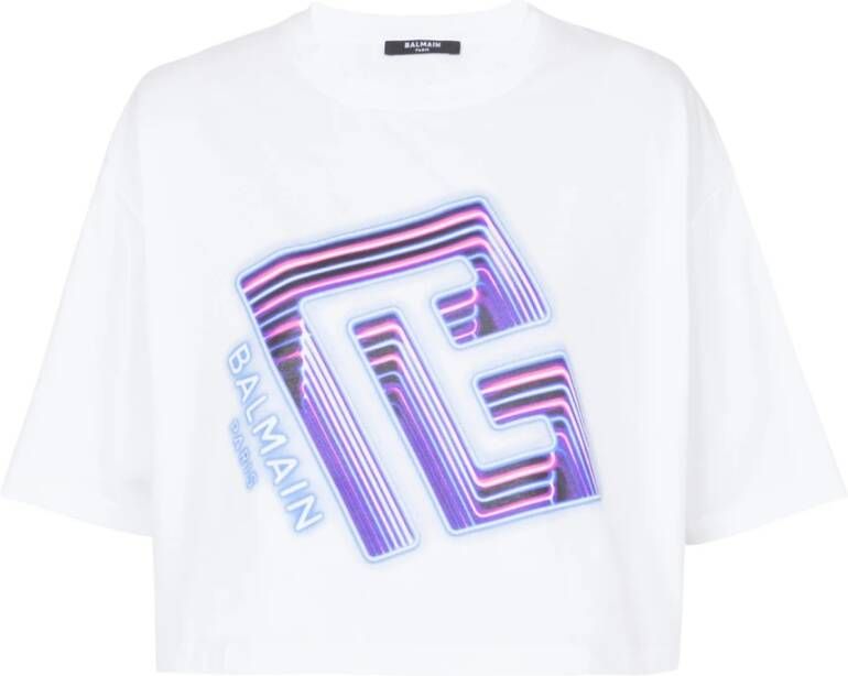 Balmain Cropped T-shirt with neon printed labyrinth logo Wit Dames