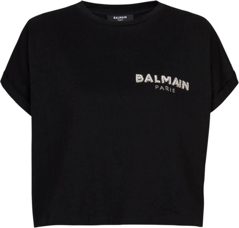 Balmain Kortgeknipt katoenen T-shirt met klein geborduurd logo Black Dames
