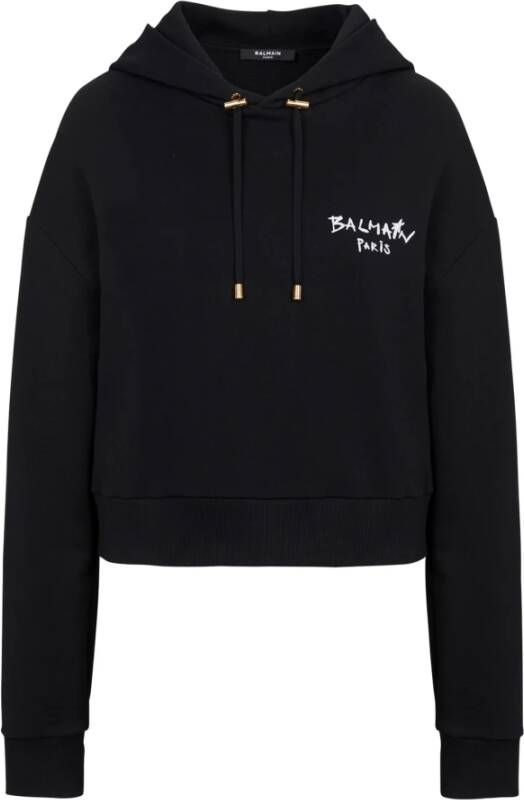 Balmain Geknipte eco-design katoenen sweatshirt met geflockt graffiti-logo. Zwart Dames