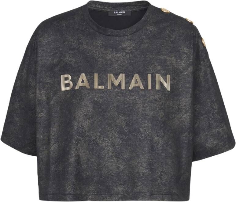 Balmain Cropped eco-responsible cotton T-shirt with textured logo print Zwart Dames