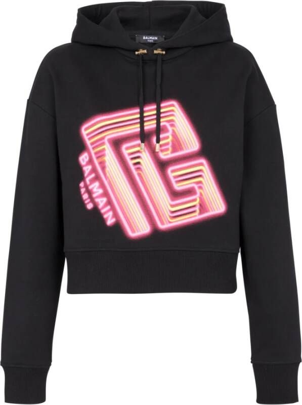 Balmain Cropped hoodie with neon printed labyrinth logo Black Dames