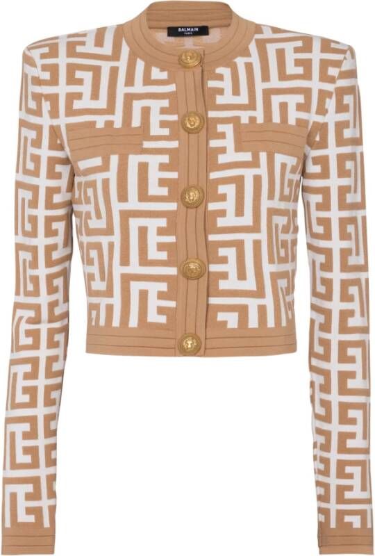 Balmain Cropped knitted cardigan with maxi monogram Beige Dames