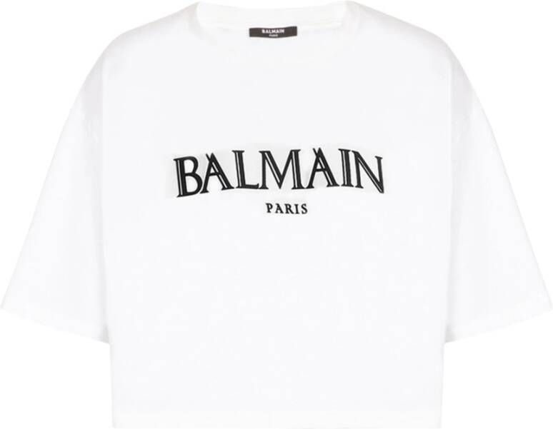 Balmain Geknipt T-shirt met rubberen Romeins logo White Dames