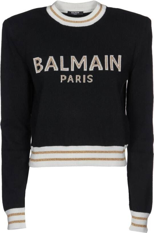 Balmain Cropped wool jumper with logo Beige Black Dames