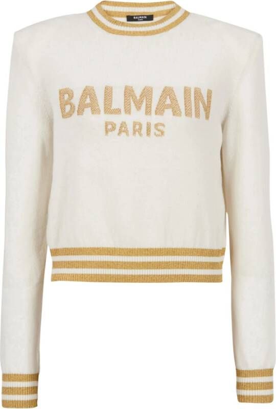 Balmain Cropped wool sweatshirt with gold logo Sweatshirts Beige Dames