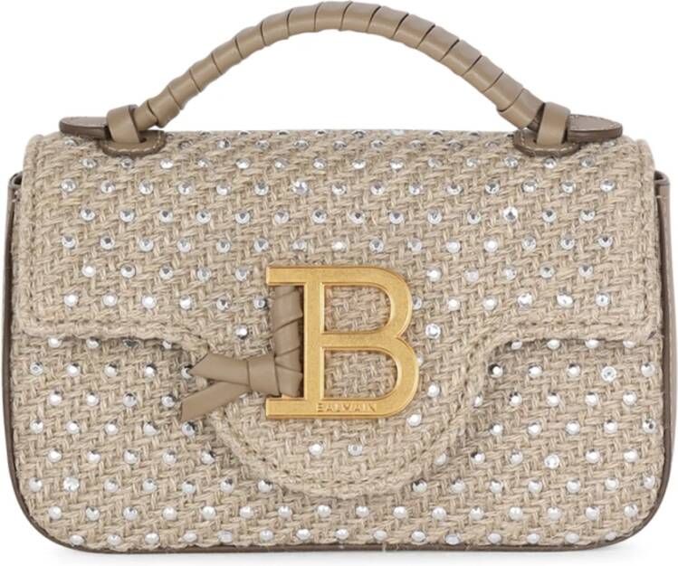 Balmain B-Buzz Mini Raffia Tas met Strass-steentjes Beige Dames