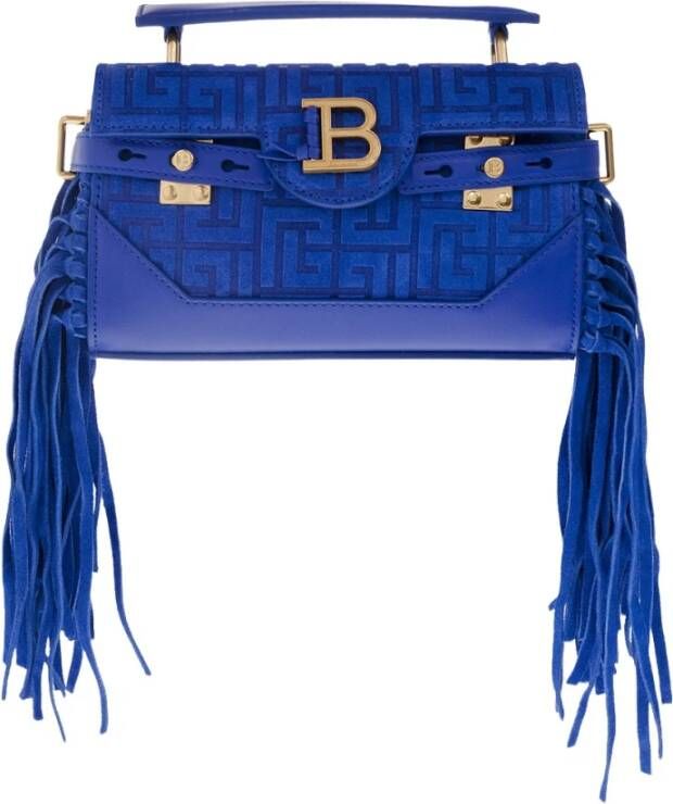 Balmain B-Buzz 19 tas met franjes en suède reliëf monogram Blue Dames