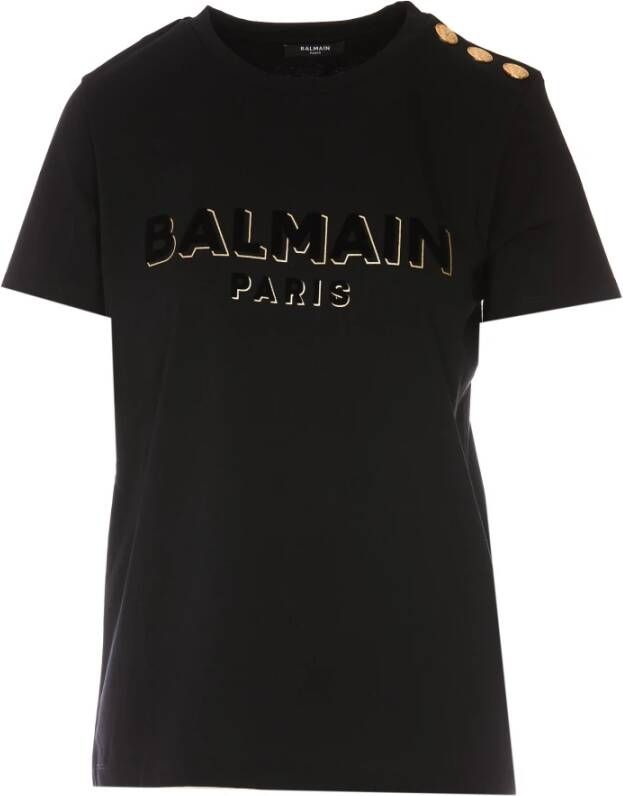 Balmain Cotton T-shirt with flocked metallic logo Zwart Dames