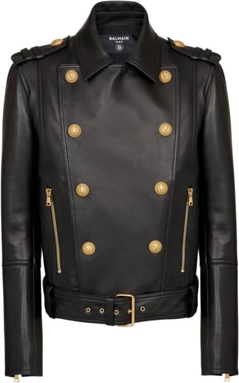 Balmain Double-breasted buttoned leather biker jacket Black Heren