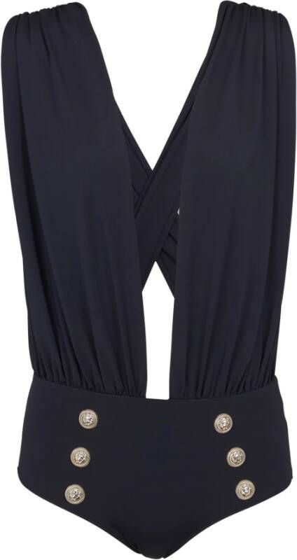 Balmain Draped swimsuit with embossed buttons Zwart Dames