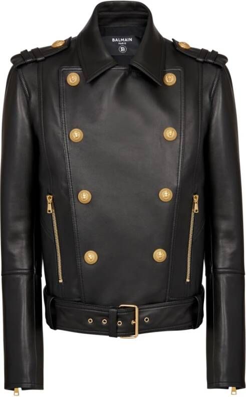 Balmain Double-breasted buttoned leather biker jacket Black Heren