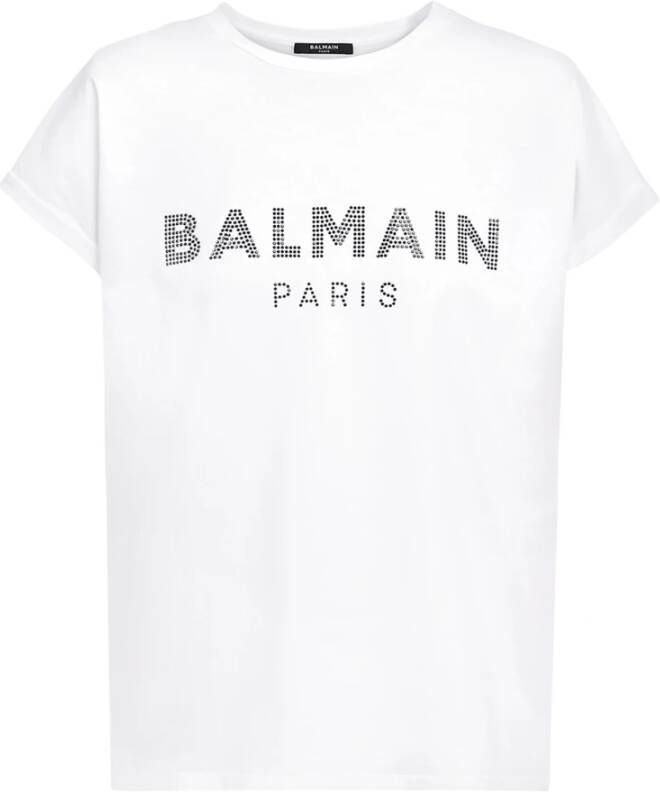 Balmain Eco-designed cotton T-shirt with rhinestone logo Wit Dames