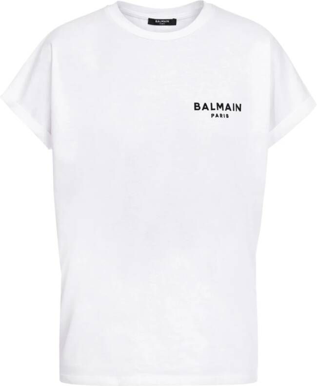 Balmain Eco-designed cotton T-shirt with small flocked logo Wit Dames