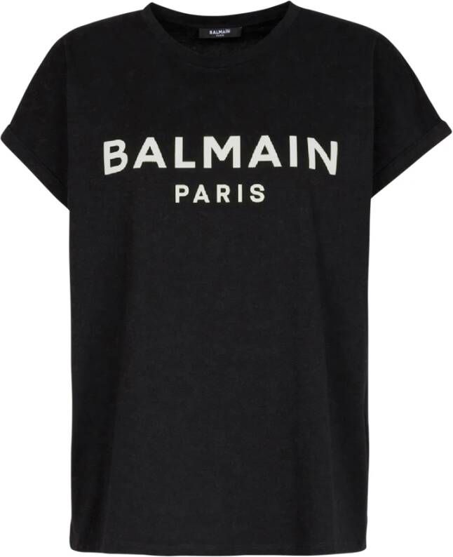 Balmain Eco-ontworpen katoenen T-shirt met logo print Black Dames