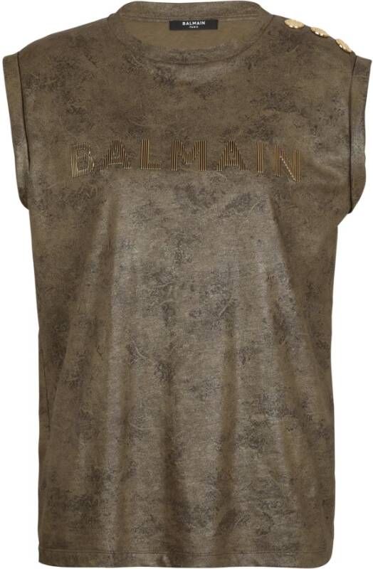 Balmain Eco-responsible cotton T-shirt with logo print Beige Dames
