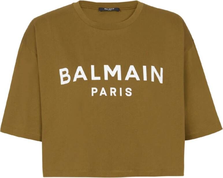 Balmain Eco-verantwoord cropped katoenen T-shirt met logo print Beige Dames