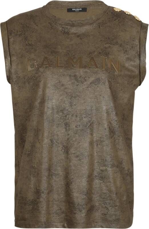 Balmain Eco-verantwoord katoenen T-shirt met logo print Groen Dames