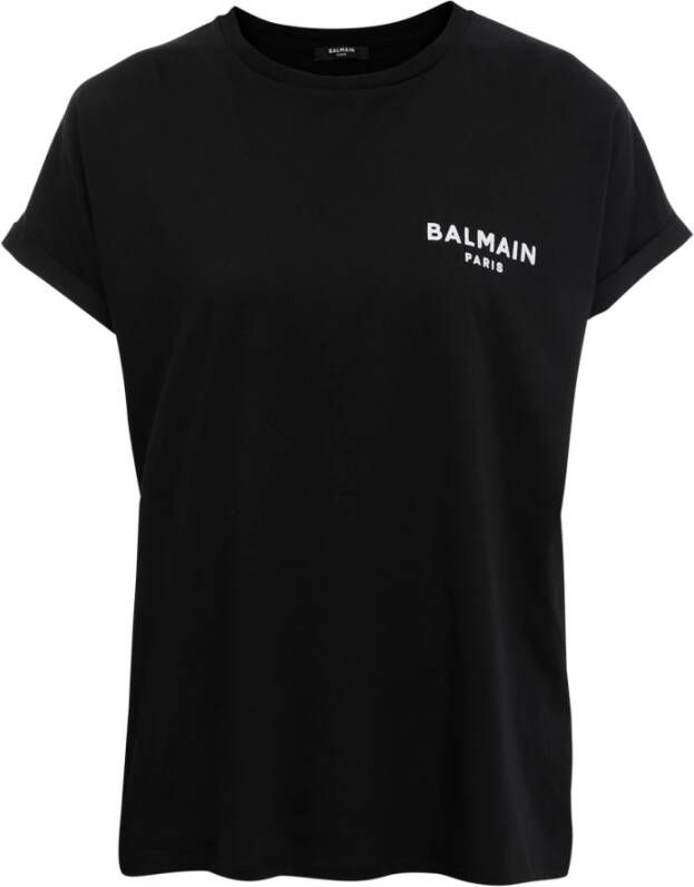 Balmain Ecologisch ontworpen katoenen T-shirt met klein flock logo. Zwart Dames