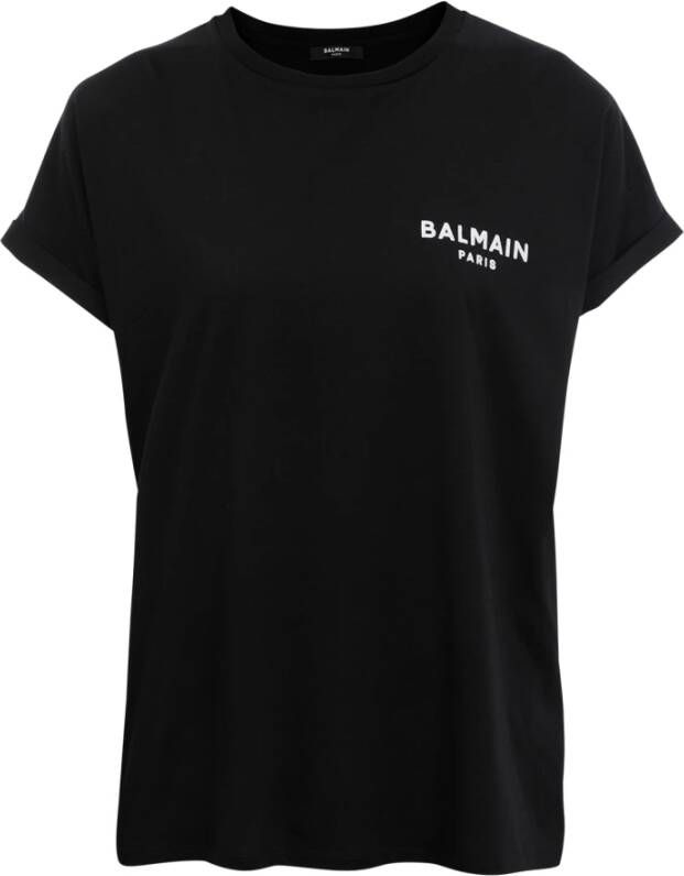 Balmain Ecologisch ontworpen katoenen T-shirt met klein geflockt logo. Zwart Dames